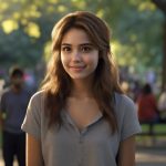 Happy older teen female in park-like setting.