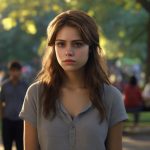 a pretty young woman is unhappy in the park.