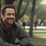 A handsome man in his mid thirties smiling in the park.