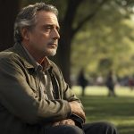 A sad older man sitting in the park.