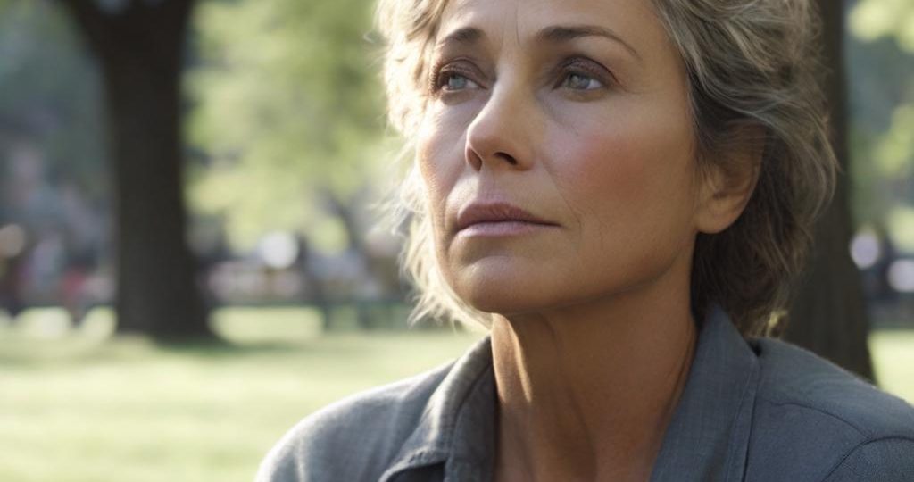 A pretty older woman is sad in the park.