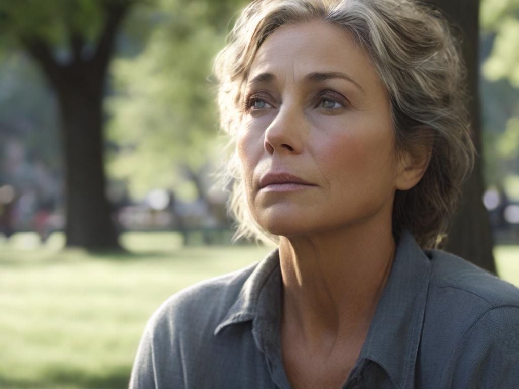 A pretty older woman is sad in the park.