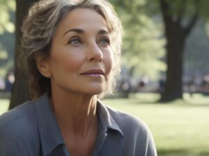 Closeup profile of a woman in her mid fifties sitting in the park.