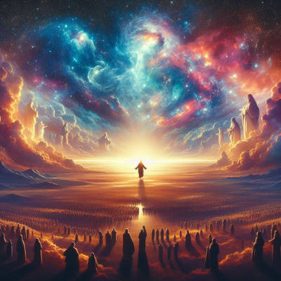 Incarnate Jesus with arms open between heavenly hosts and mankind depicting unimaginable depths of God's grace.