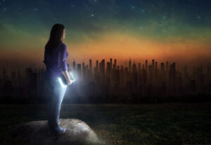 Young woman looking at a sinister city who needs to put on the full armor of God before entering it.
