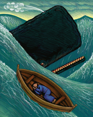 Blog image Image of Jonah sleeping in a small boat as a huge whale lurks near. Depicting Wrestling or Resting? – Lessons of Faith from Jonah and Jehoshaphat