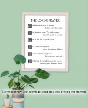 The Lord's Prayer framed hanging near a green plant