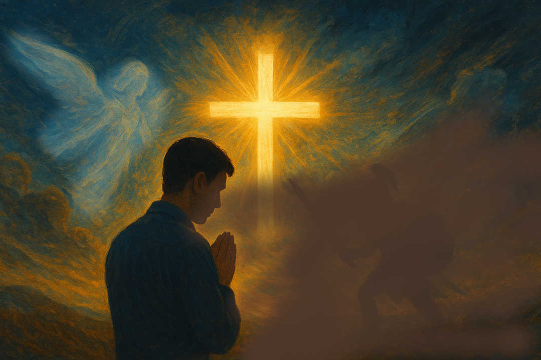 A young man praying amidst an unseen world