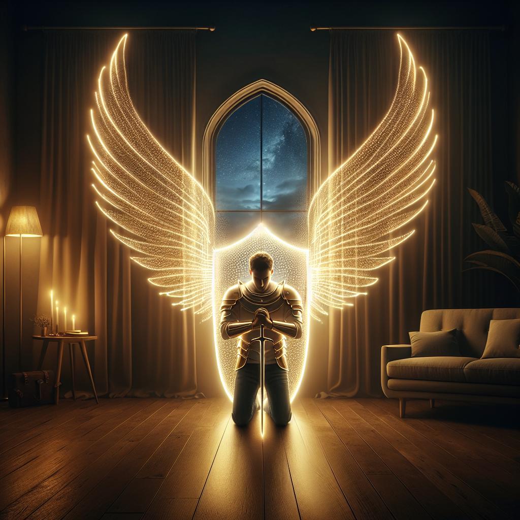 A young man kneeling in prayer as a Spiritual warrior in God's armor.