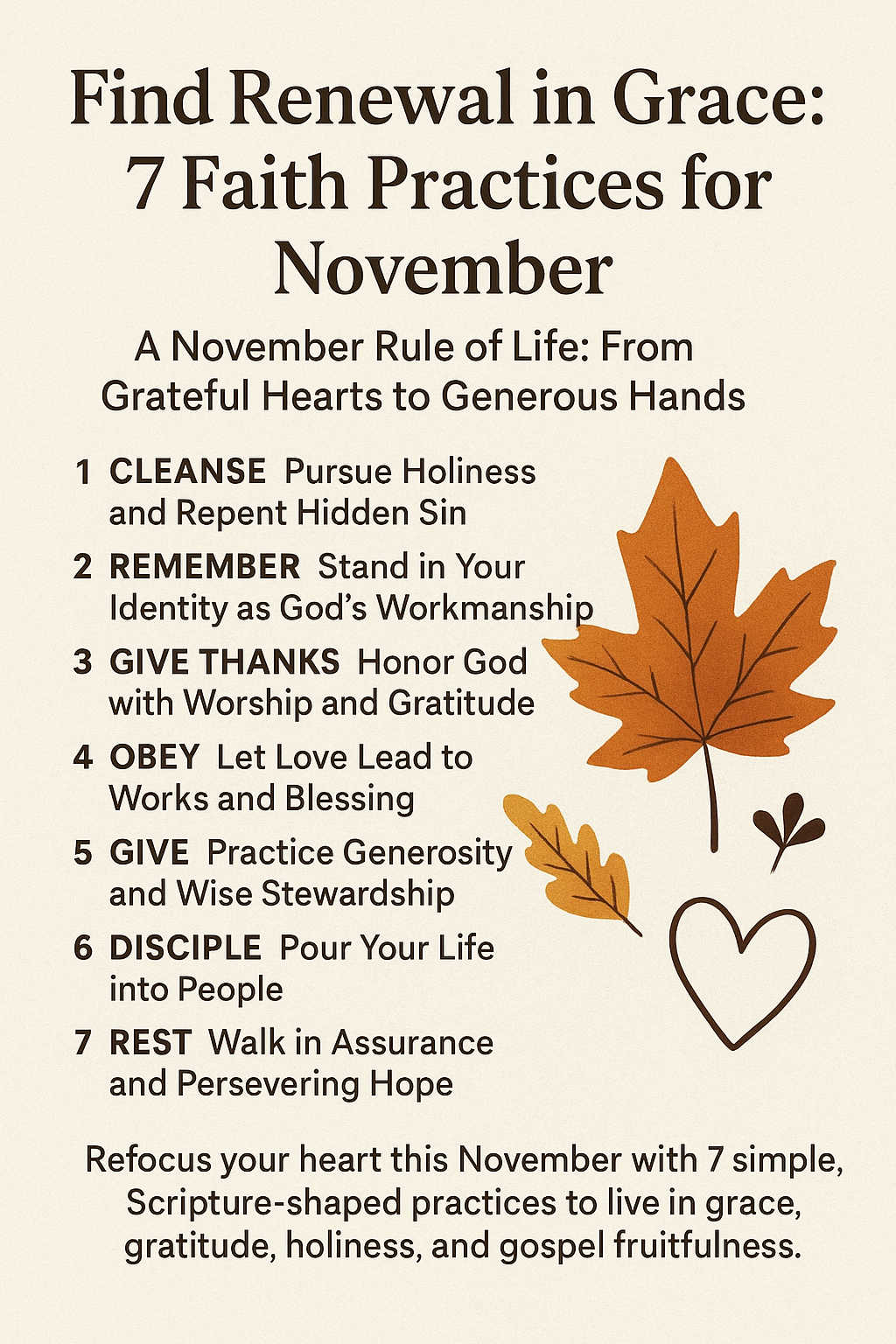 Chart with a Maple Leaf and heart with text for Find Renewal in Grace: 7 Faith Practices for November