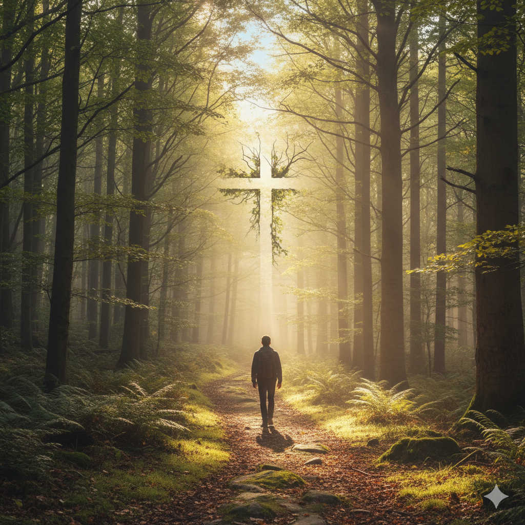 A many in the quiet forest seeing a vision of the cross among the trees