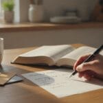 Open Bible beside a simple paper budget and pen on a kitchen table