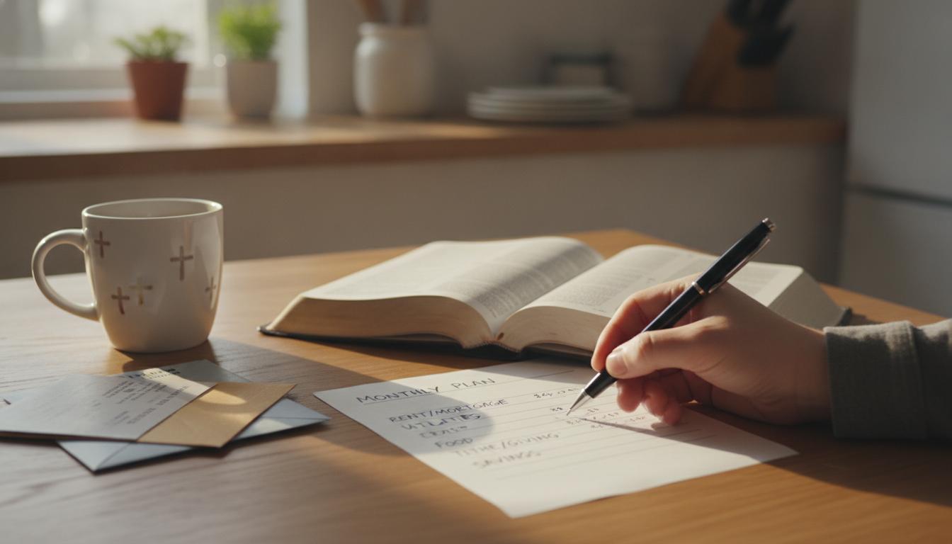 Open Bible beside a simple paper budget and pen on a kitchen table