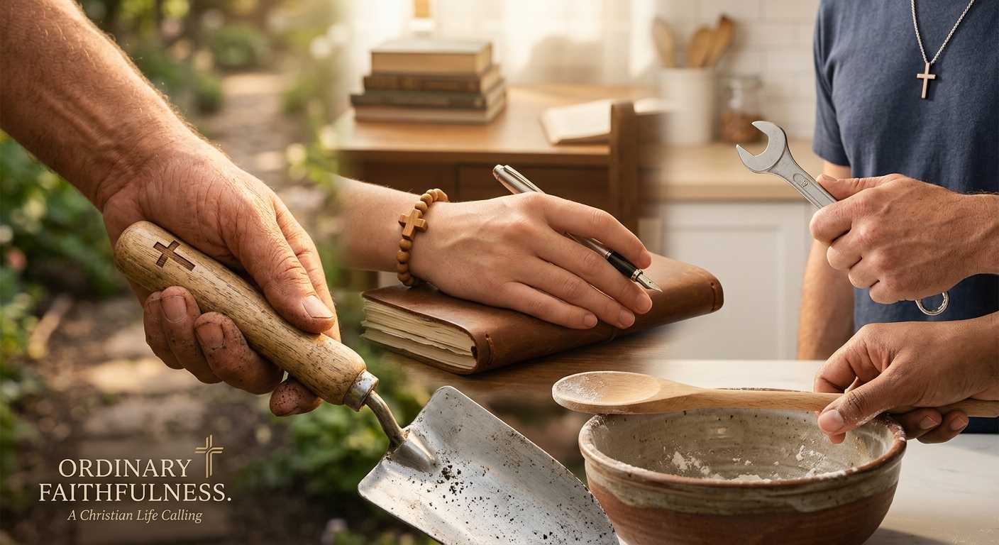 Hands holding simple tools in service, symbolizing ordinary faithfulness in Christian life