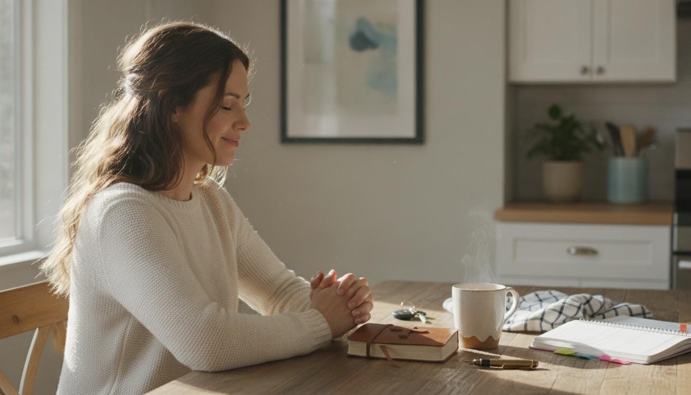 A Christian woman thoughtfully praying about how to serve God in her daily life