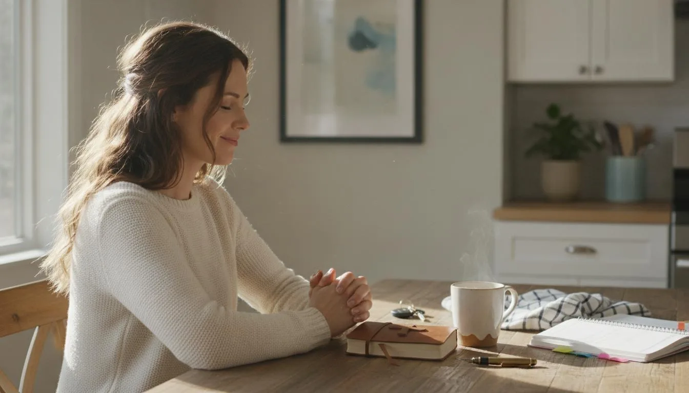 A Christian woman thoughtfully praying about how to serve God in her daily life