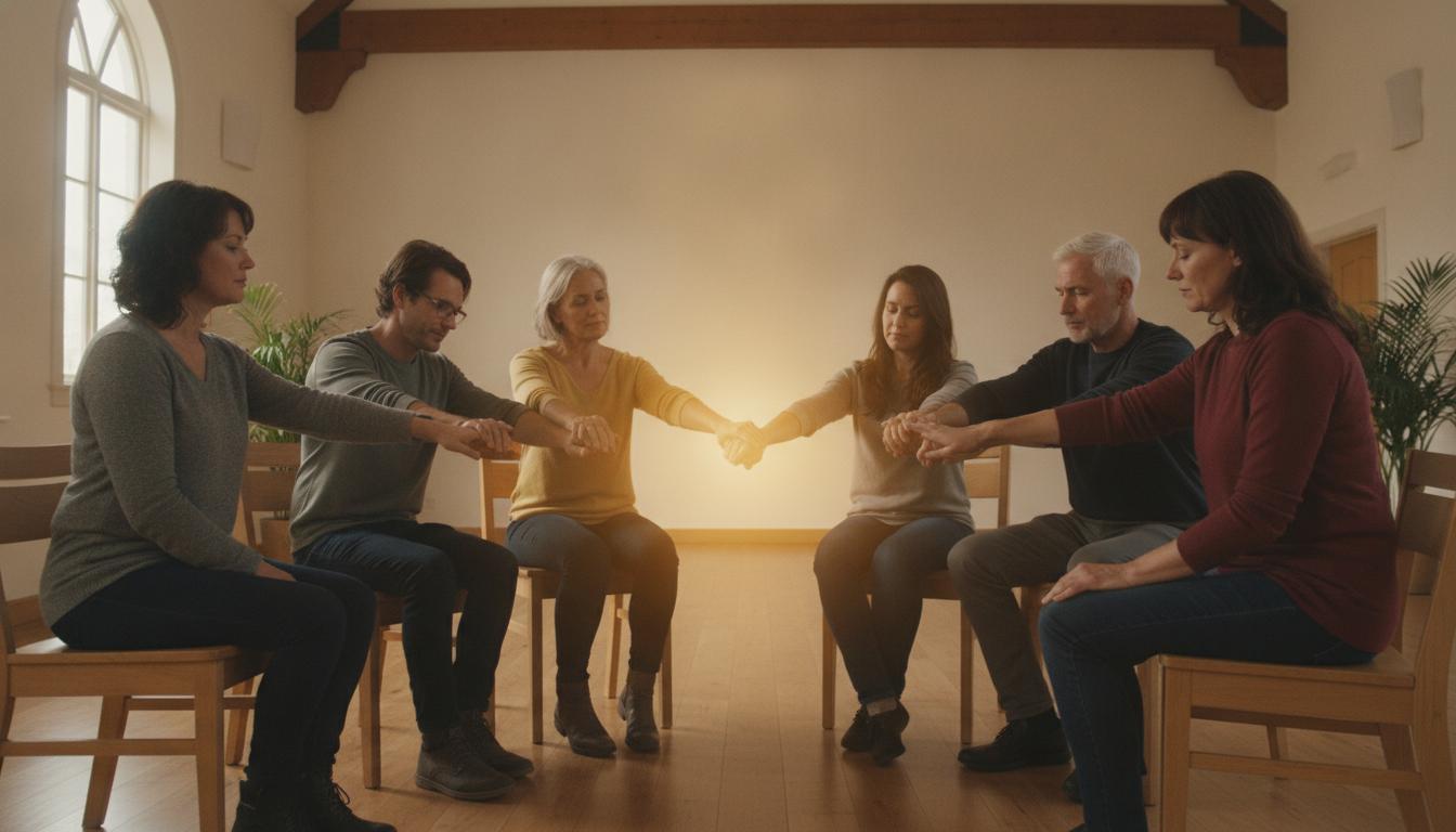 Close-up of intertwined hands forming a circle in a church setting, symbolizing Christian unity