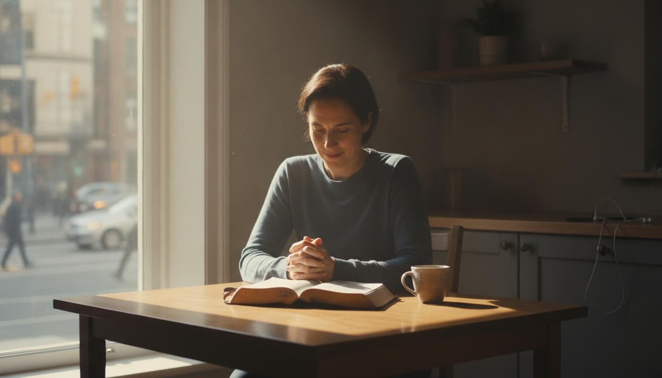 A person reading the Bible quietly amid a busy digital and cultural backdrop
