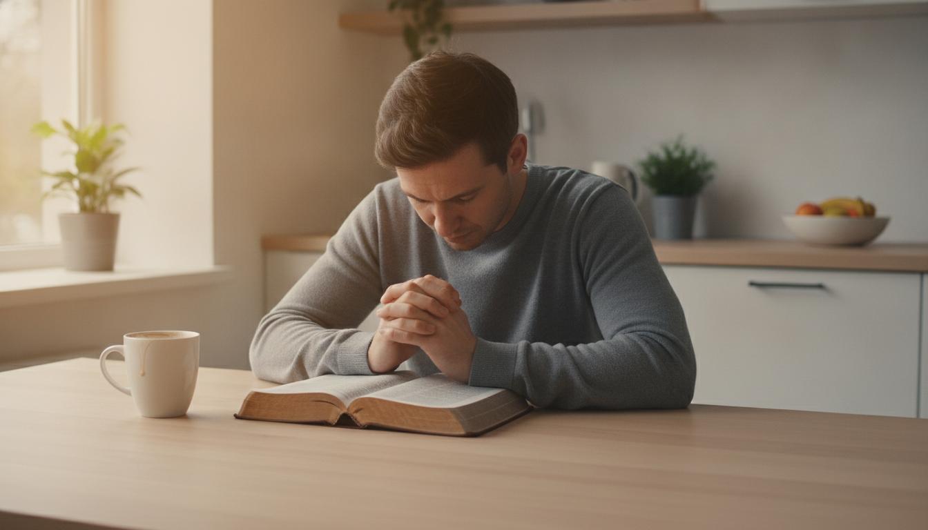 Open Bible with hands folded in prayer, offering reassurance to those struggling with sin and doubt