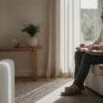 A person seated quietly in a sunlit room, reflecting with a Bible open on their lap