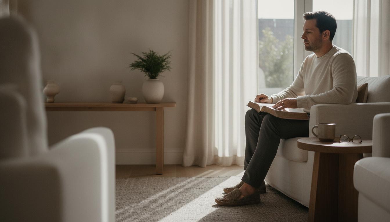 A person seated quietly in a sunlit room, reflecting with a Bible open on their lap