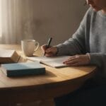 A journal and Bible open on a table, symbolizing the difference between striving and resting in grace