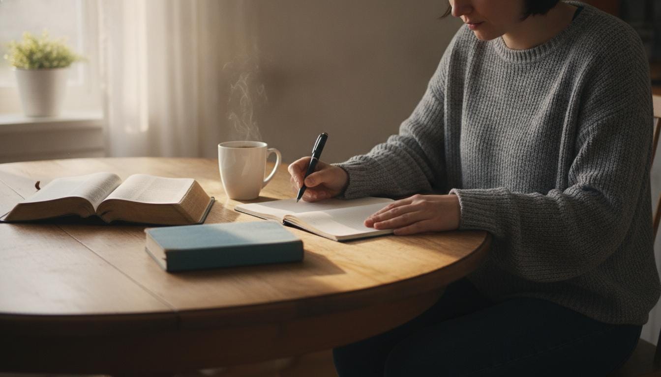 A journal and Bible open on a table, symbolizing the difference between striving and resting in grace
