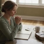 A Christian praying for wisdom while considering a decision at a desk