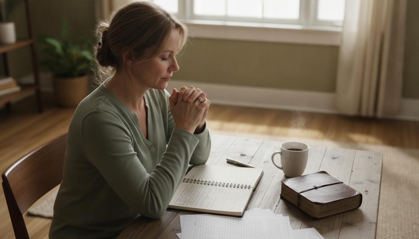 A Christian praying for wisdom while considering a decision at a desk
