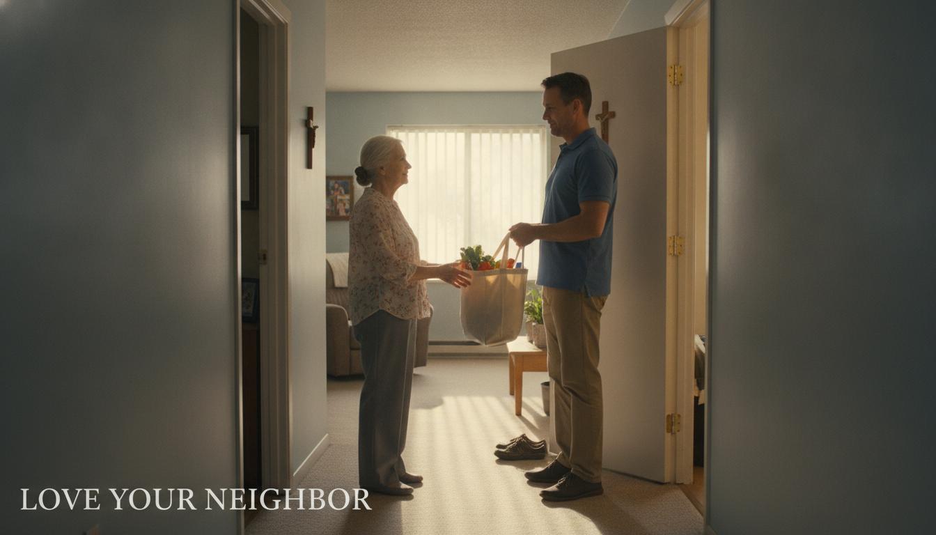 A Christian quietly helping a neighbor with groceries in an everyday setting
