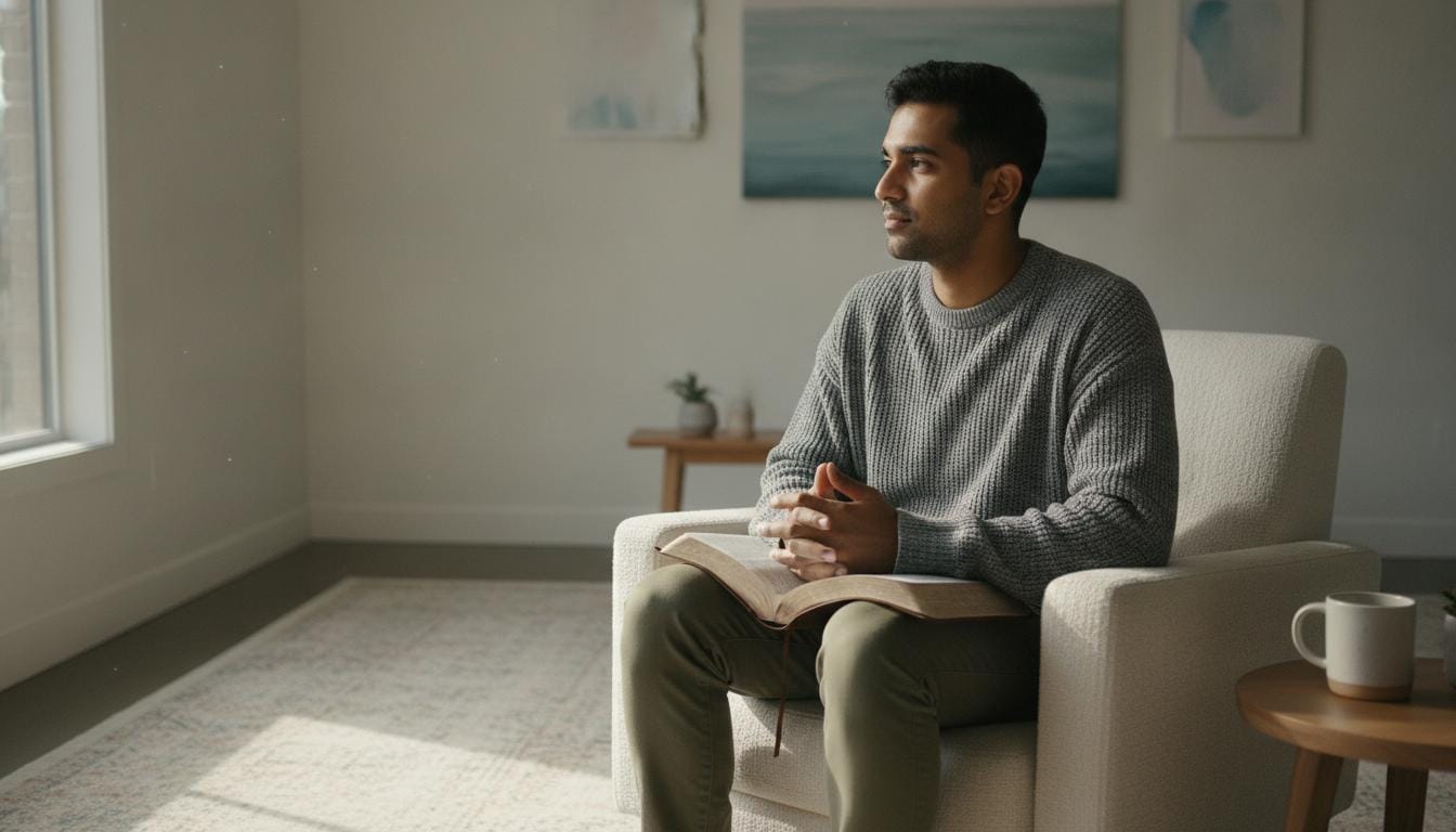 A person sitting quietly with an open Bible, reflecting in a peaceful setting