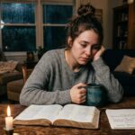 A distraught woman studies her Bile in a dimly lit room.