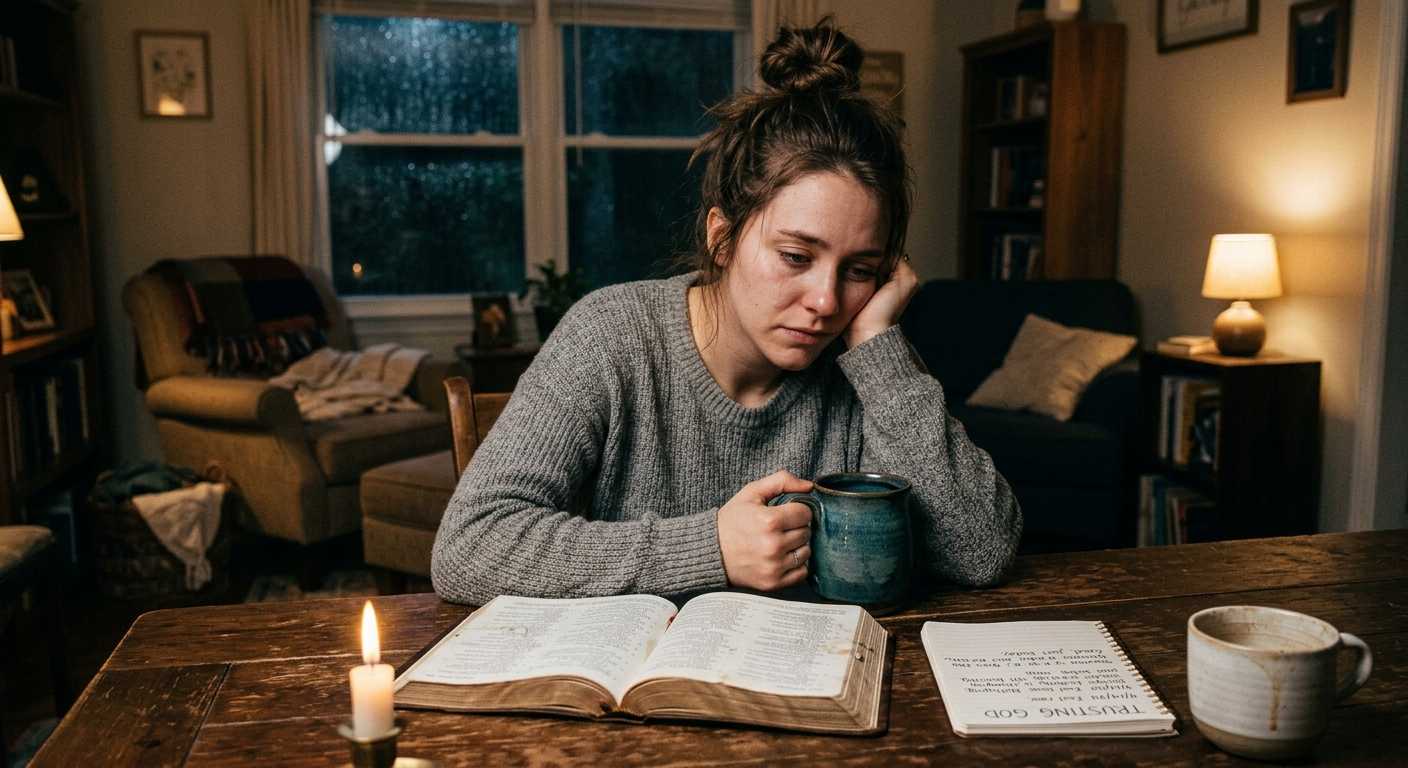A distraught woman studies her Bile in a dimly lit room.