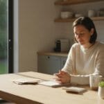 Adult sitting at a kitchen table, peacefully reviewing bills and a monthly budget