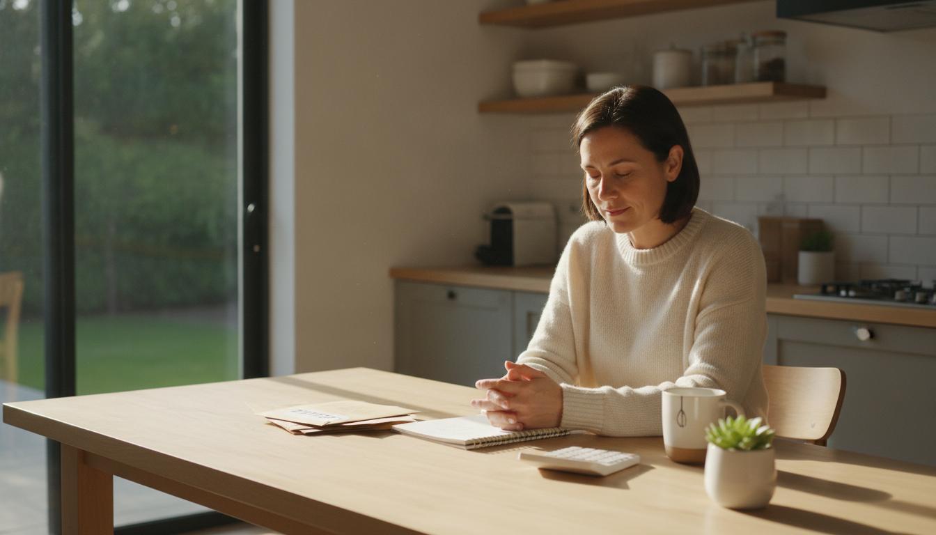 Adult sitting at a kitchen table, peacefully reviewing bills and a monthly budget