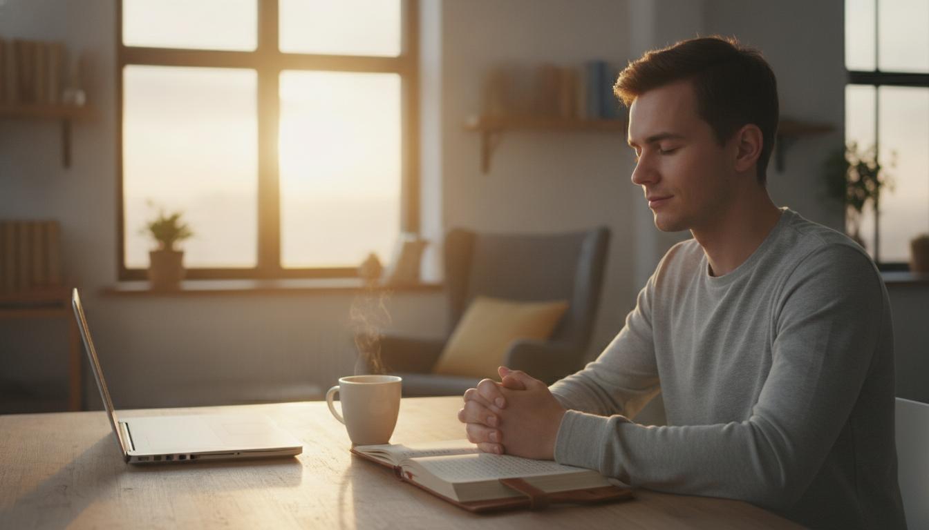 Man praying and journaling while waiting patiently with hope and trust in God